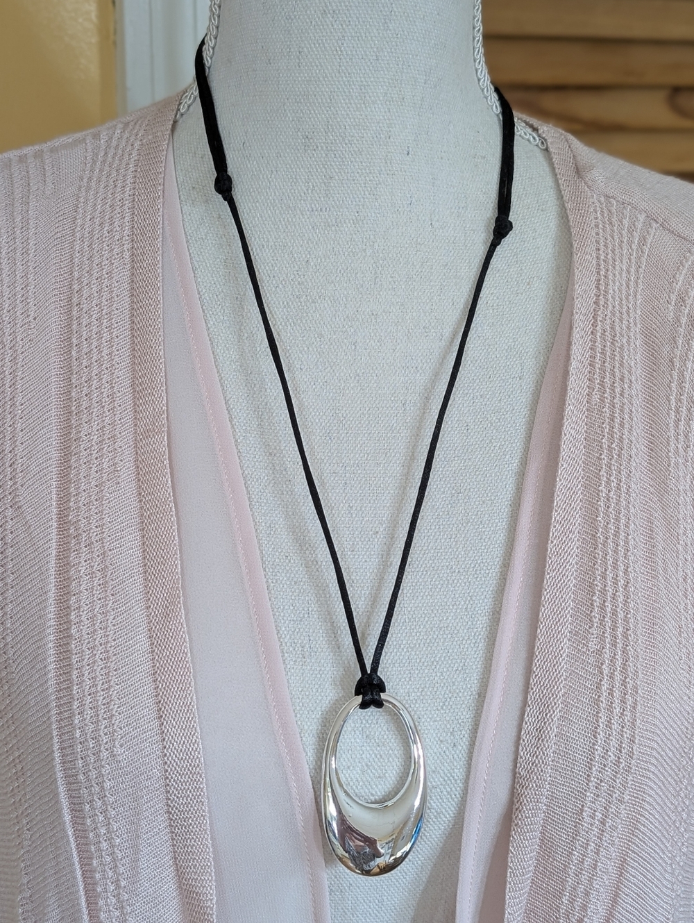J. Jill Silver Oval Pendant Necklace with Black Adjustable Cord NWOT